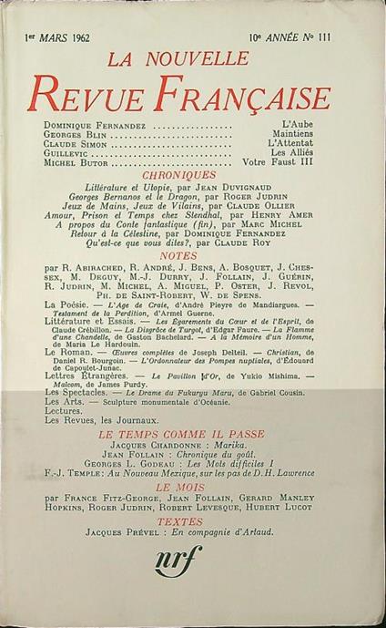 La Nouvelle Revue Francaise n. 111/mars 1962 - copertina