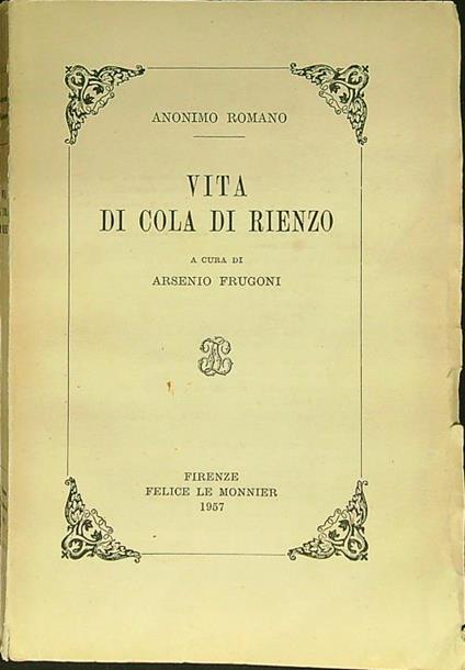Vita di Cola di Rienzo - Anonimo romano - copertina