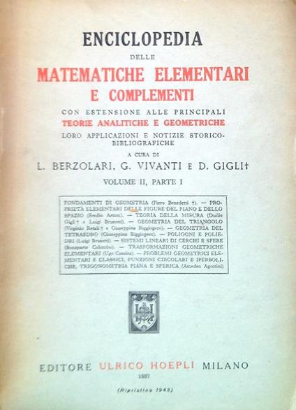 Enciclopedia delle matematiche elementari e complementi. Vol. II/Parte I - copertina