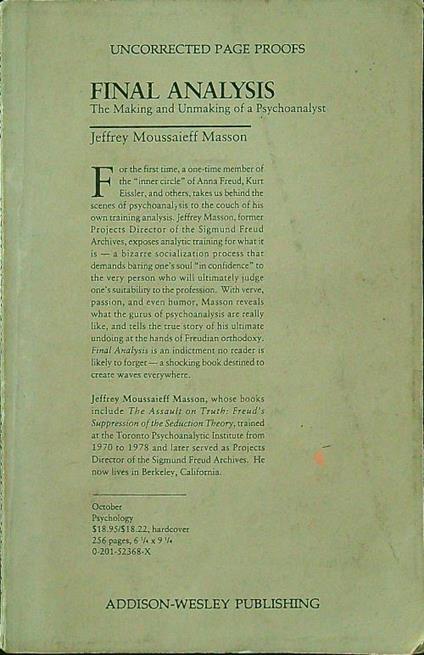 Final Analysis: The Making And Unmaking Of A Psychoanalyst - Jeffrey Moussaieff Masson - copertina