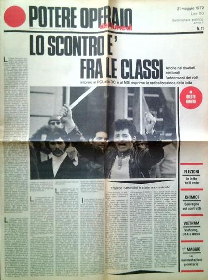 Potere Operario del lunedì - Anno I, N. 11/21 Maggio 1972 - copertina