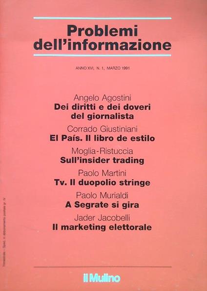 Problemi dell'informazione Anno XVI, N. 1, Marzo 1991 - copertina