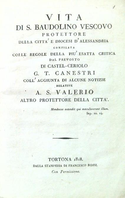 Vita di S. Baudolino Vescovo protettore della città e diocesi d'Alessandria - copertina