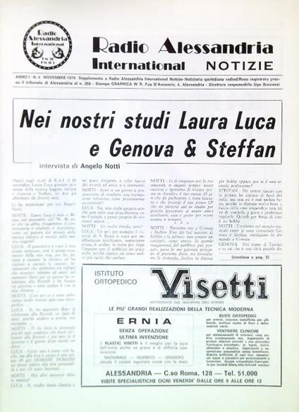 Radio Alessandria International Notizie - Anno I, N. 4/Novembre 1978 - copertina