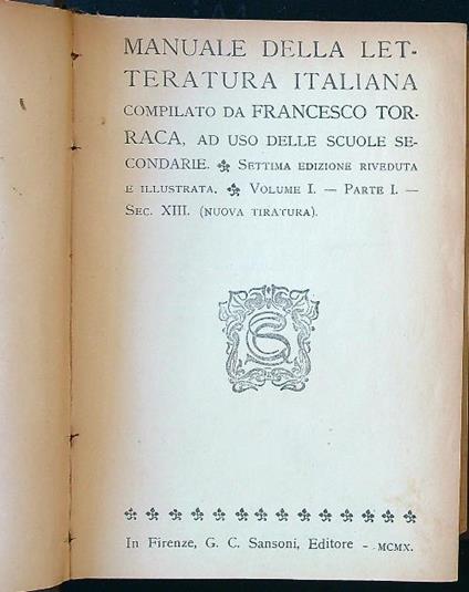 Manuale della letteratura italiana vol. I parte I - Francesco Torraca - copertina