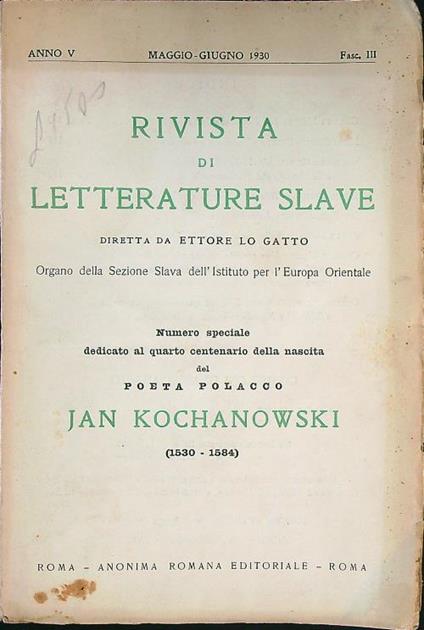 Rivista di letterature slave - fascicolo III/maggio-giugno 1930 - Ettore Lo Gatto - copertina