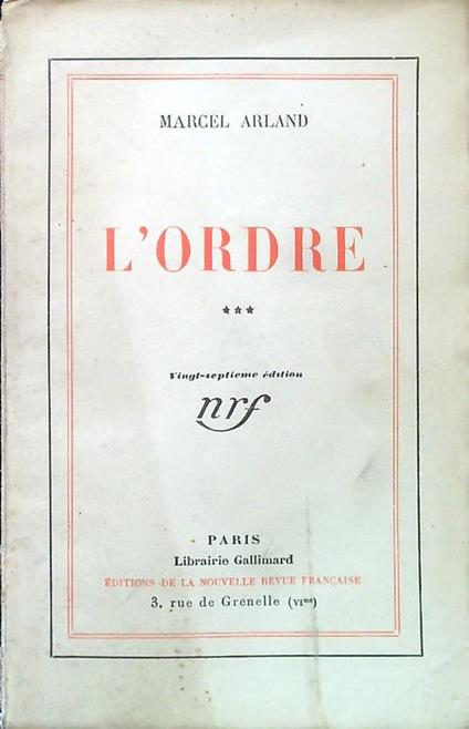 L' Ordre - Marcel Arland - copertina