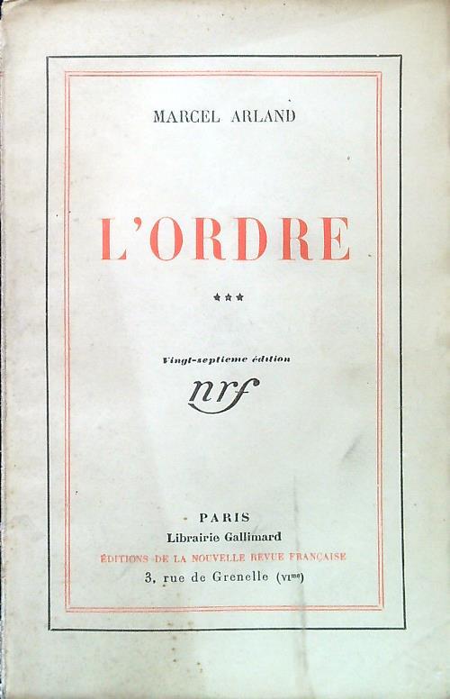 L' Ordre - Marcel Arland - copertina