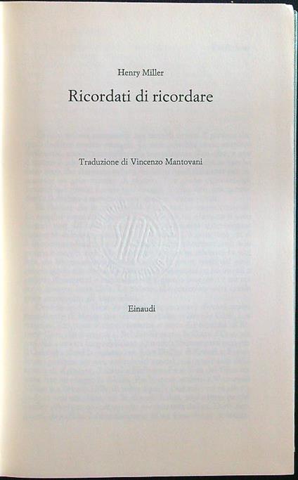 Ricordati di ricordare - Henry Miller - copertina