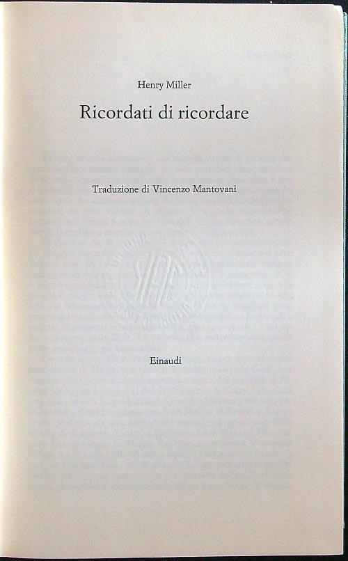 Ricordati di ricordare - Henry Miller - copertina
