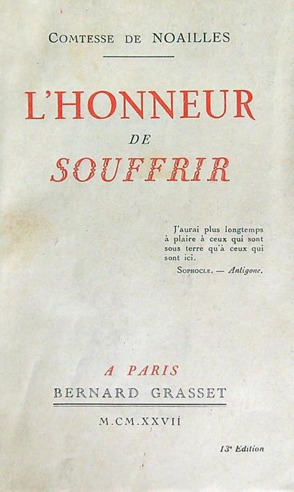 L' honneur de souffrir - Comtesse de Noailles - copertina