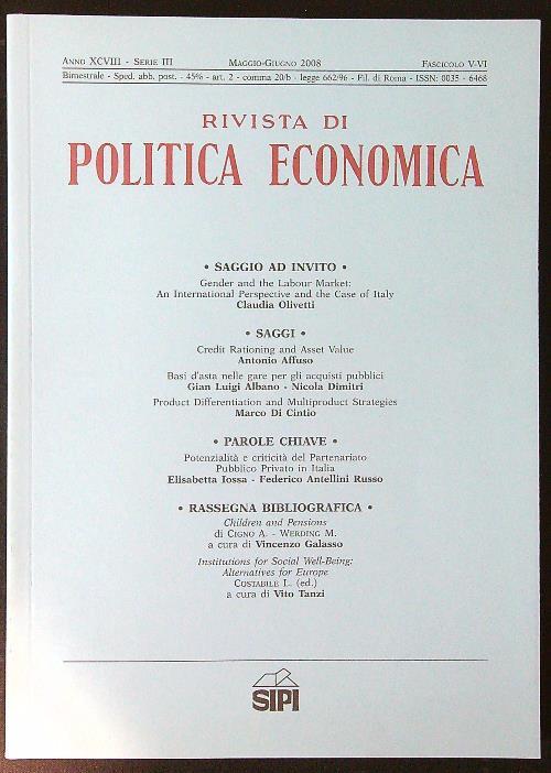 Rivista di politica economica fascicolo V-VI/maggio-giugno 2008 - copertina