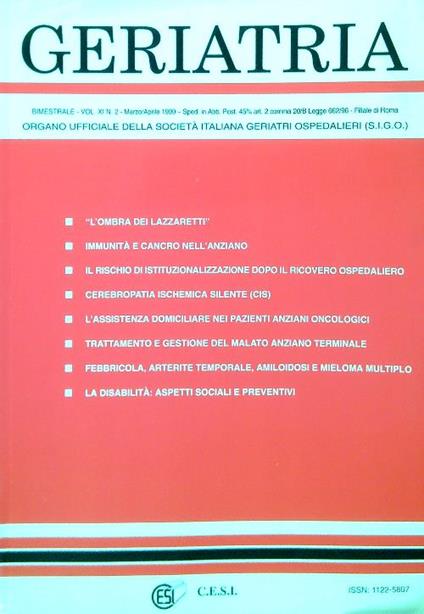 Geriatria - Vol XI N. 2 - Marzo Aprile 1999 - copertina