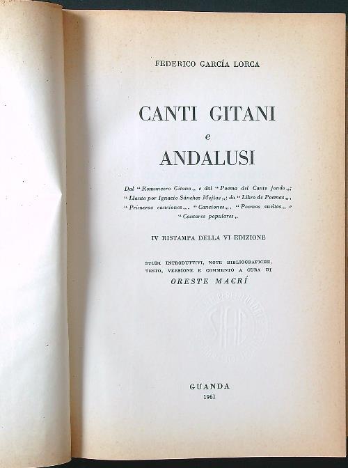 Canti gitani e andalusi - Federico G. Lorca - copertina