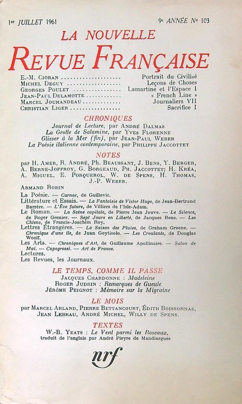 La nouvelle revue francaise 103/1961 - copertina