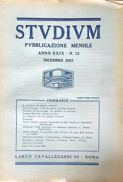 Studium. Anno XXIX - N. 12/ DIC 1933 - copertina