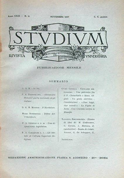 Studium 11/ Novembre 1927 - copertina