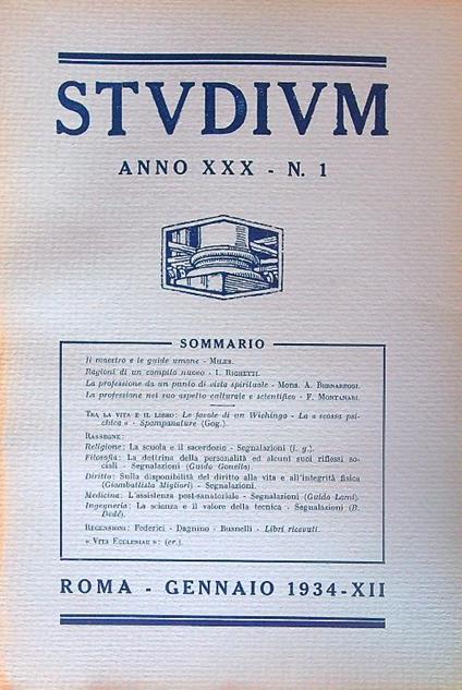 Studium. Anno XXX - n. 1/ Gennaio 1934 - copertina