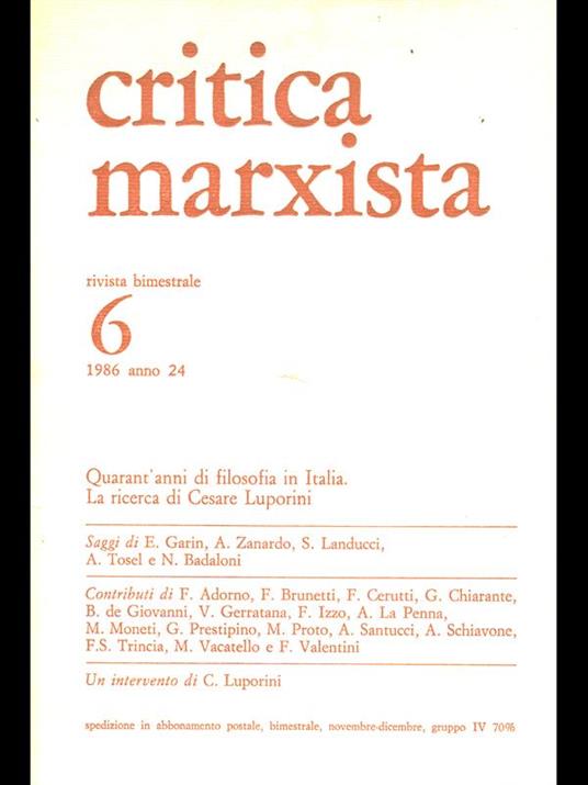 Critica Marxista 6/1986 Anno 24 - copertina