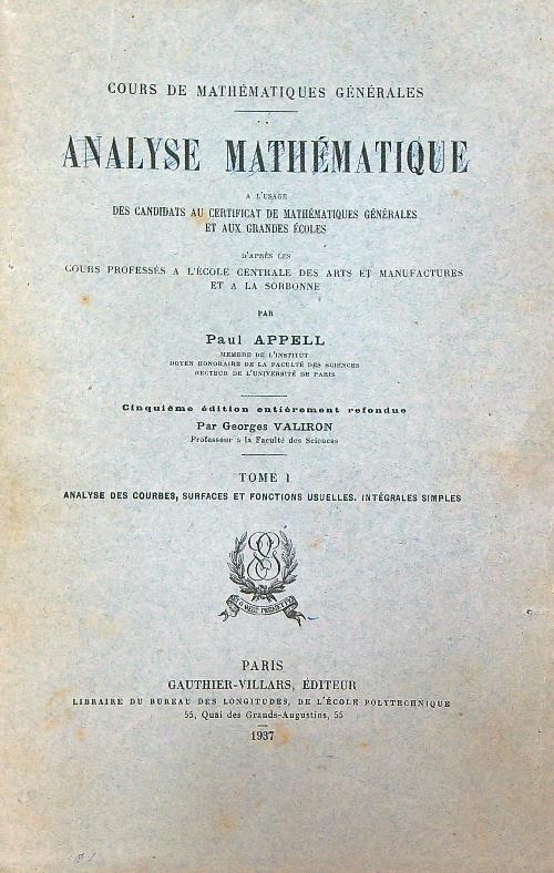 Analyse Mathematique. Tome I - Paul Appell - copertina