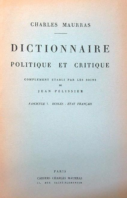 Dictionnaire politique et critique N. 7 - Charles Maurras - copertina