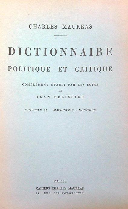 Dictionnaire politique et critique n. 15 - Charles Maurras - copertina