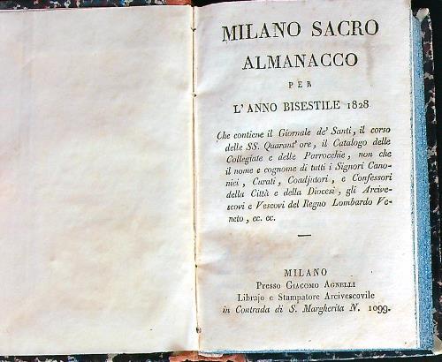 Milano sacro.  Almanacco per l'anno bisestile 1828 - copertina