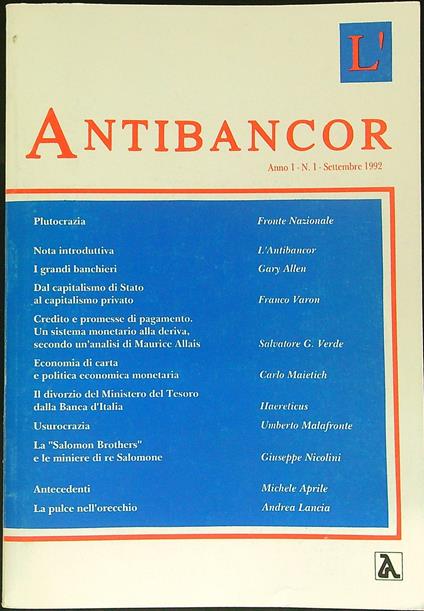 L' antibacor Anno 1 n 1 / Settembre 1992 - copertina