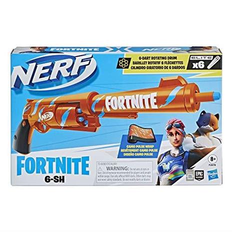 Nerf Fortnite  - 6 Shooter (blaster in colorazione Camo Pulse con caricamento con percussore caricatore a tamburo da 6 dardi