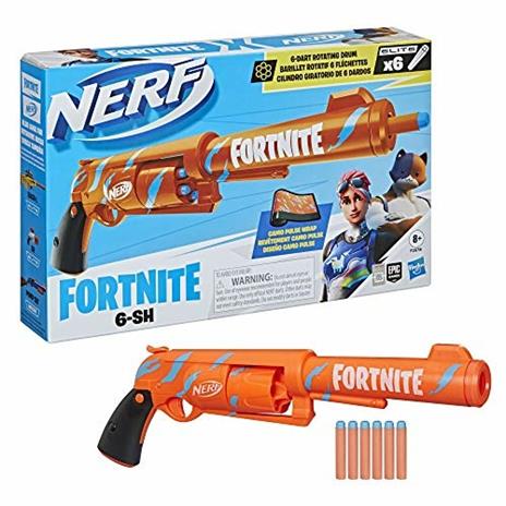 Nerf Fortnite  - 6 Shooter (blaster in colorazione Camo Pulse con caricamento con percussore caricatore a tamburo da 6 dardi - 5