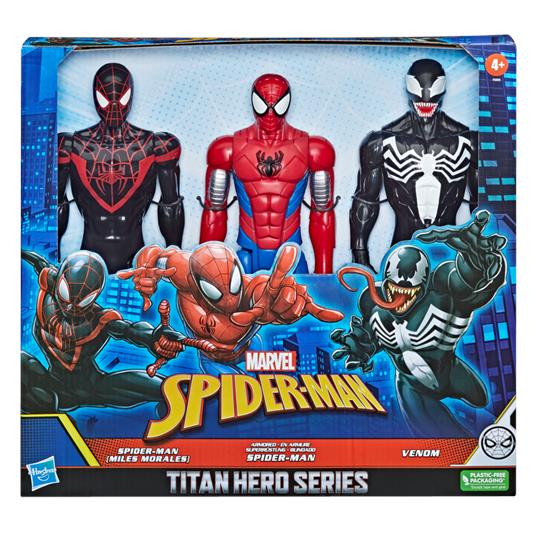 Hasbro marvel spider-man, titan hero series, confezione tripla con action figure da 30 cm di spider-man (miles morales), spider-man corazzato e venom