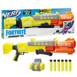 Giocattolo Nerf Fortnite - Legendary TAC, blaster con tamburo a 6 dardi e caricamento a pompa, include 6 dardi Nerf Mega Accustrike Hasbro