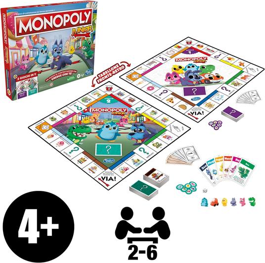 Monopoly Junior gioco da tavolo, tabellone fronte-retro, 2 giochi in 1, gioco Monopoly per bambini e bambine più piccoli - 2