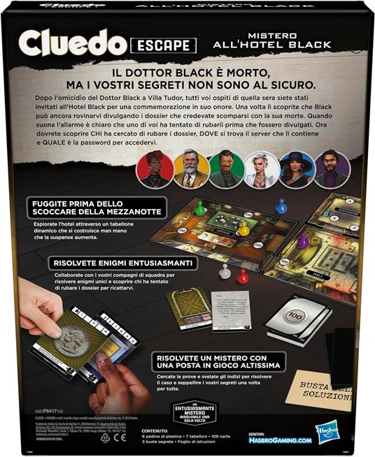 Cluedo Escape - Mistero all'Hotel Black, gioco da tavolo, escape room per 1-6 giocatori, giochi di mistero cooperativi - 3