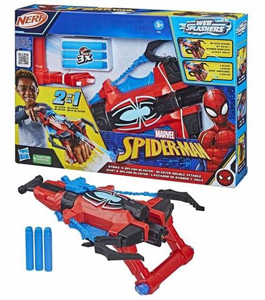 Hasbro marvel, spider-man, blaster strike n splash, giocattoli di supereroi, soaker nerf di spider-man