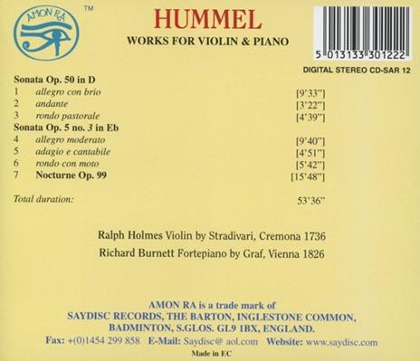 Violin and Piano Works - CD Audio di Johann Nepomuk Hummel - 2