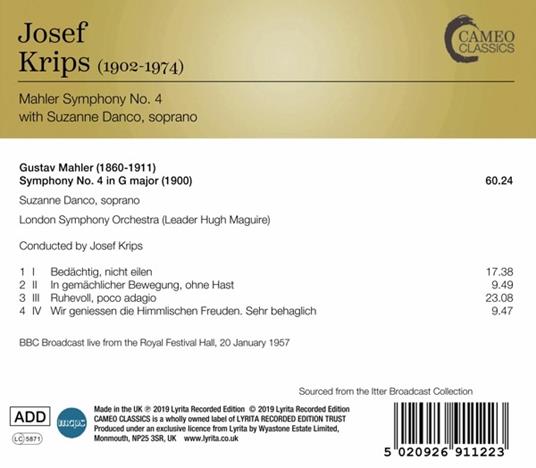 Sinfonia n.4 - CD Audio di Gustav Mahler,Josef Krips - 2