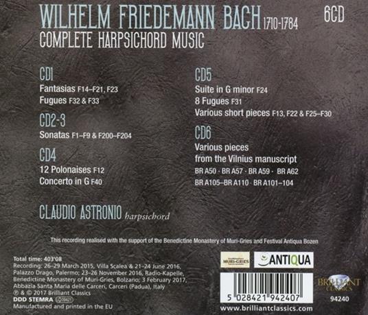 Musiche per clavicembalo complete - CD Audio di Wilhelm Friedemann Bach,Claudio Astronio - 2