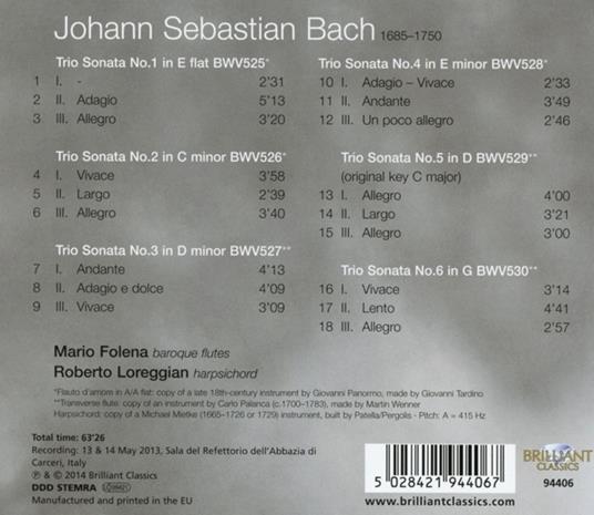 Triosonate BWV525-530 - CD Audio di Johann Sebastian Bach,Roberto Loreggian - 2
