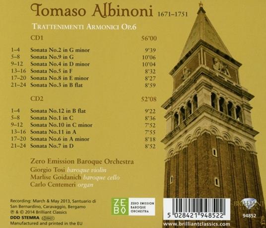 Trattenimenti armonici op.6 - CD Audio di Tomaso Giovanni Albinoni - 2