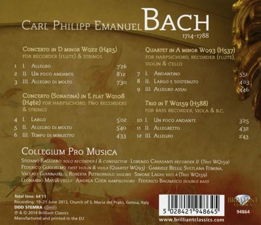 Concerti per flauto dolce - Musica da camera - CD Audio di Carl Philipp Emanuel Bach - 2