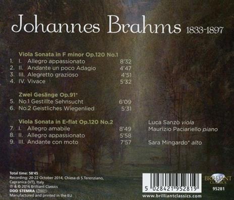 Sonate per viola op.120 - 2 Gesänge op.91 - CD Audio di Johannes Brahms - 2