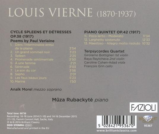 Spleens et détresses op.38 - Quintetto con pianoforte op.42 - CD Audio di Louis Vierne - 2