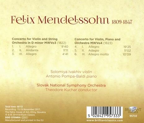 Concerto per violino e archi WMV03 - Concerto per pianoforte e violino WMV04 - CD Audio di Felix Mendelssohn-Bartholdy,Theodore Kuchar - 2