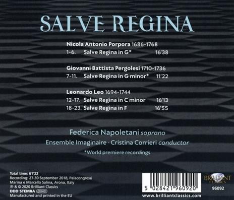 Salve Regina - CD Audio di Giovanni Battista Pergolesi,Leonardo Leo,Nicola Antonio Porpora,Federica Napoletani - 2