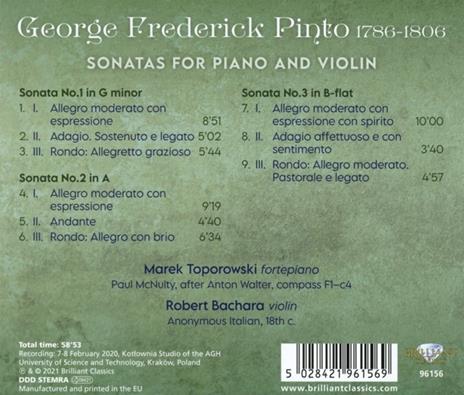Sonatas for Piano and Violin - CD Audio di George Frederick Pinto,Marek Toporowski - 2
