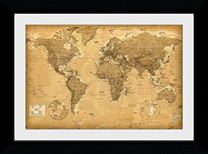 World Map: Antique Style 30Mm Black Stampa In Cornice 50x70 Cm
