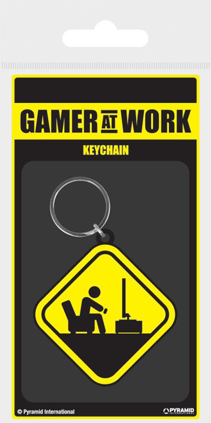 Portachiavi Gamer At Work Caution Sign Rubber Keychain