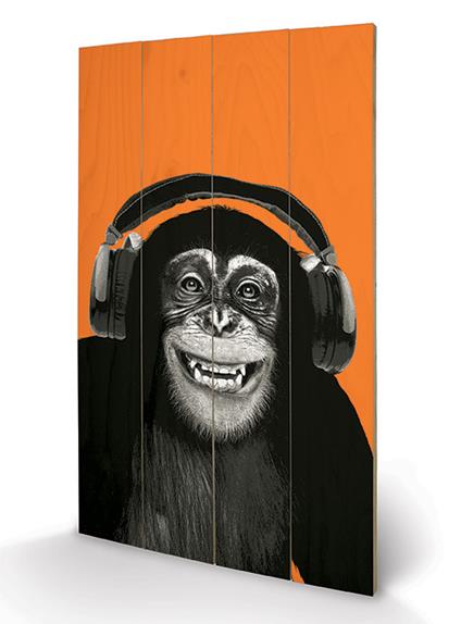 Stampa su legno 76 x 45 cm Chimpanzee Headphones