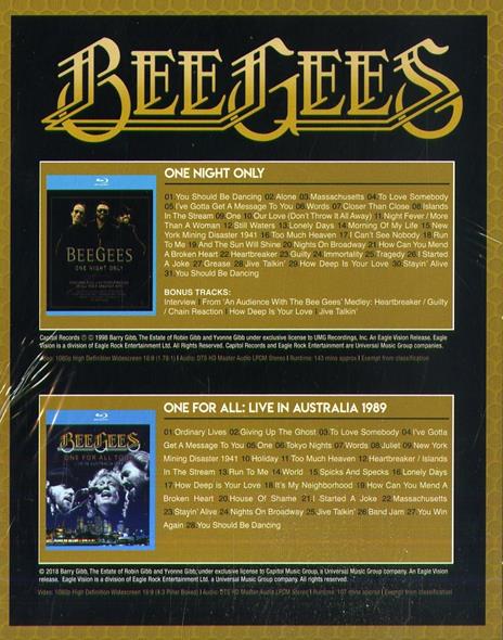 One Night Only - One For All Tour. Live in Australia 1989 (2 Blu-ray) - Blu-ray di Bee Gees - 2